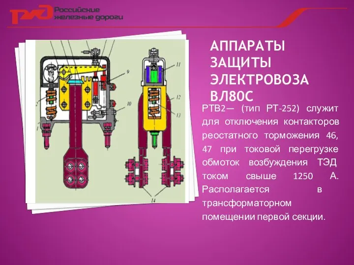 АППАРАТЫ ЗАЩИТЫ ЭЛЕКТРОВОЗА ВЛ80С РТВ2— (тип РТ-252) служит для отключения контакторов