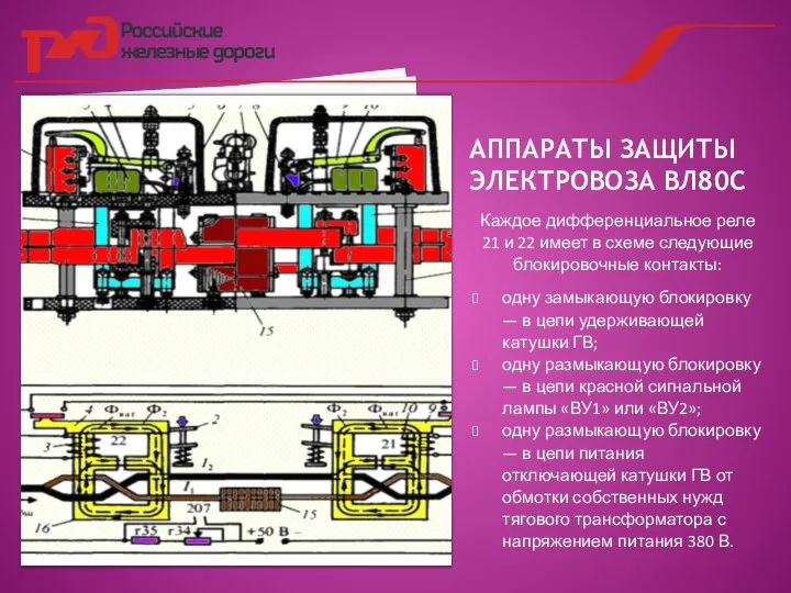 АППАРАТЫ ЗАЩИТЫ ЭЛЕКТРОВОЗА ВЛ80С Каждое дифференциальное реле 21 и 22 имеет