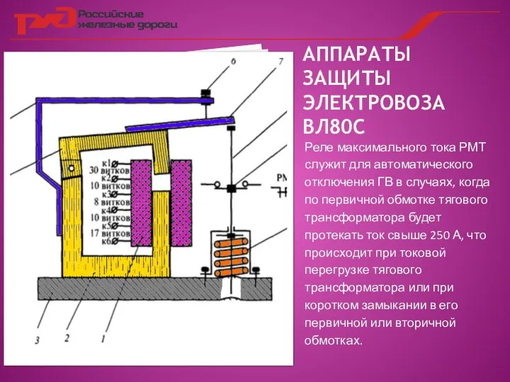 АППАРАТЫ ЗАЩИТЫ ЭЛЕКТРОВОЗА ВЛ80С Реле максимального тока РМТ служит для автоматического