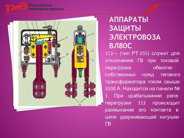 АППАРАТЫ ЗАЩИТЫ ЭЛЕКТРОВОЗА ВЛ80С 113— (тип РТ-255) служит для отключения ГВ