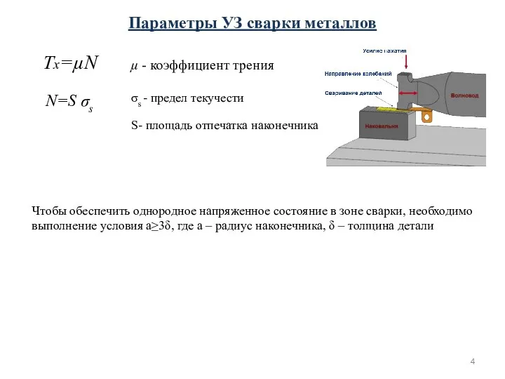 Параметры УЗ сварки металлов Tx=µN µ - коэффициент трения N=S σs