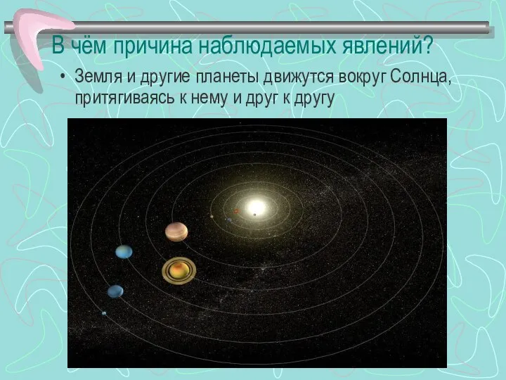 В чём причина наблюдаемых явлений? Земля и другие планеты движутся вокруг