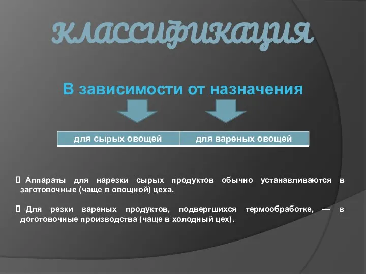 КЛАССИФИКАЦИЯ В зависимости от назначения Аппараты для нарезки сырых продуктов обычно