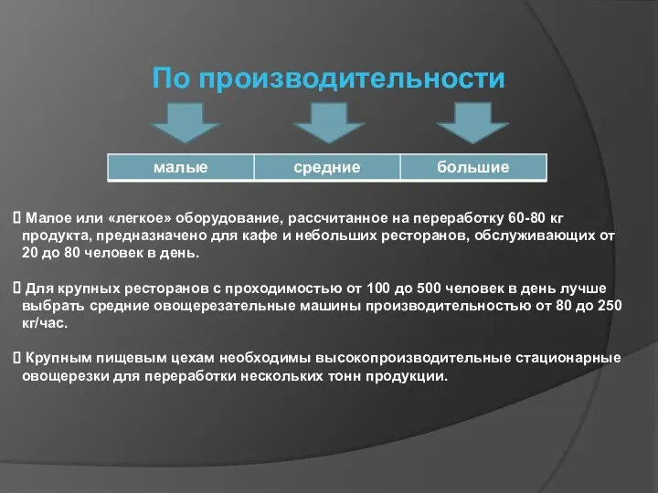 По производительности Малое или «легкое» оборудование, рассчитанное на переработку 60-80 кг