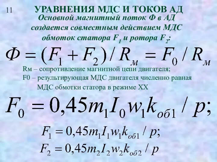 11 УРАВНЕНИЯ МДС И ТОКОВ АД Основной магнитный поток Ф в