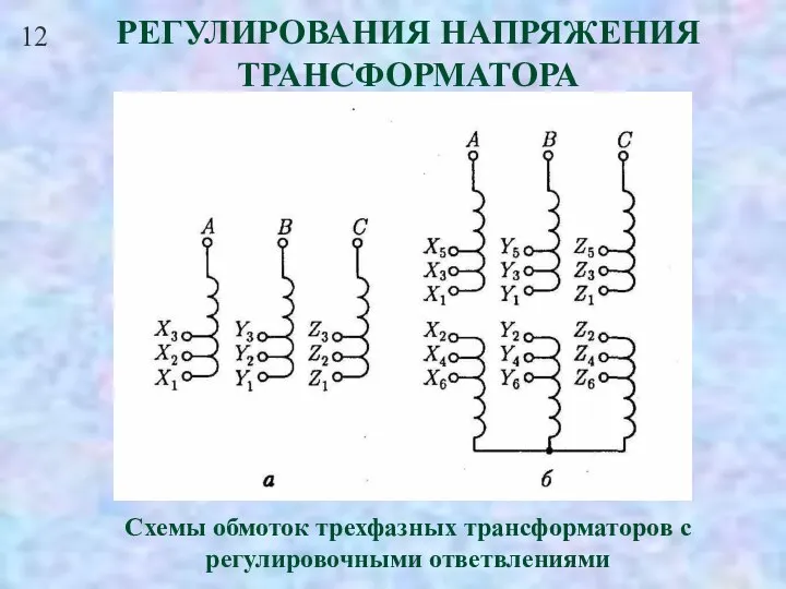 12 РЕГУЛИРОВАНИЯ НАПРЯЖЕНИЯ ТРАНСФОРМАТОРА Схемы обмоток трехфазных трансформаторов с регулировочными ответвлениями