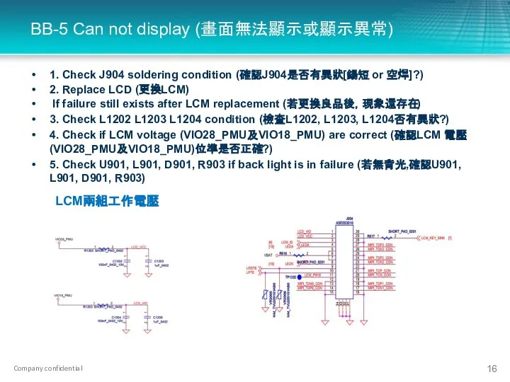 BB-5 Can not display (畫面無法顯示或顯示異常) 1. Check J904 soldering condition (確認J904是否有異狀[鍚短