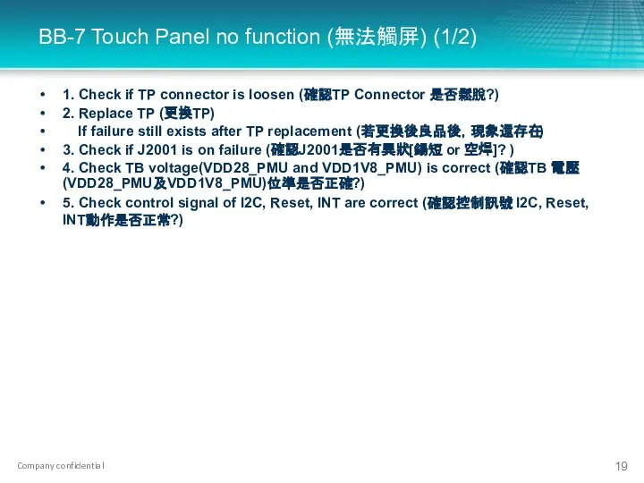 BB-7 Touch Panel no function (無法觸屏) (1/2) 1. Check if TP