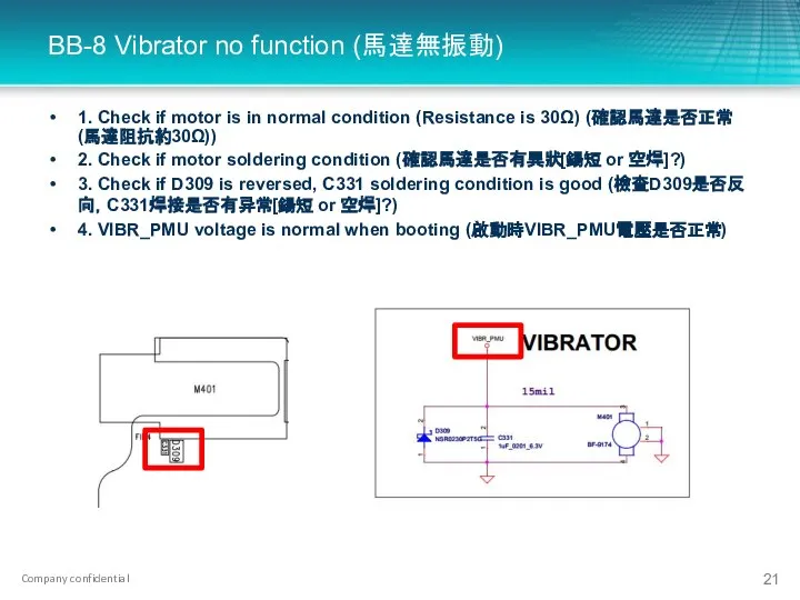 BB-8 Vibrator no function (馬達無振動) 1. Check if motor is in