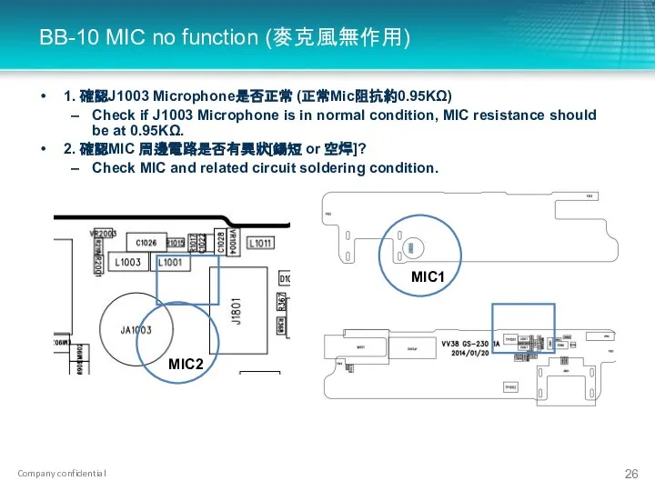BB-10 MIC no function (麥克風無作用) 1. 確認J1003 Microphone是否正常 (正常Mic阻抗約0.95KΩ) Check if