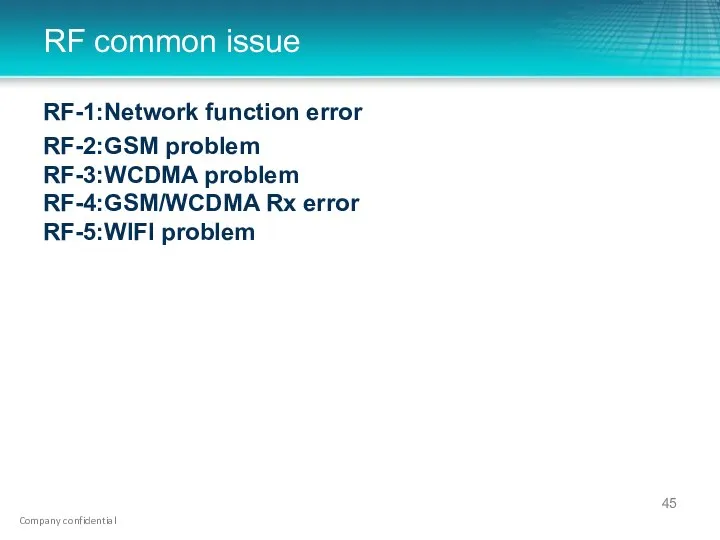 RF common issue RF-1:Network function error RF-2:GSM problem RF-3:WCDMA problem RF-4:GSM/WCDMA Rx error RF-5:WIFI problem
