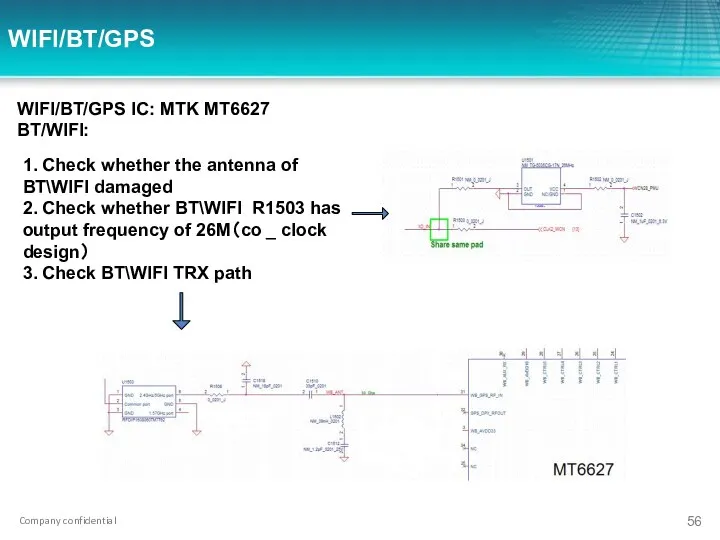 WIFI/BT/GPS WIFI/BT/GPS IC: MTK MT6627 BT/WIFI: 1. Check whether the antenna