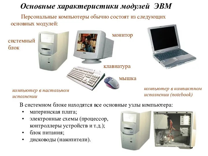 системный блок Основные характеристики модулей ЭВМ компьютер в настольном исполнении компьютер