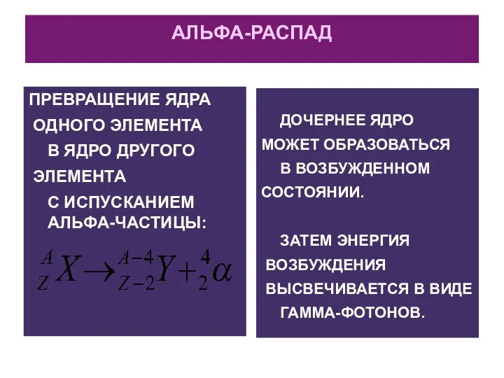 АЛЬФА-РАСПАД ПРЕВРАЩЕНИЕ ЯДРА ОДНОГО ЭЛЕМЕНТА В ЯДРО ДРУГОГО ЭЛЕМЕНТА С ИСПУСКАНИЕМ