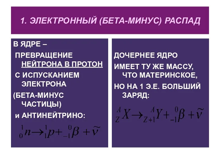 1. ЭЛЕКТРОННЫЙ (БЕТА-МИНУС) РАСПАД В ЯДРЕ – ПРЕВРАЩЕНИЕ НЕЙТРОНА В ПРОТОН