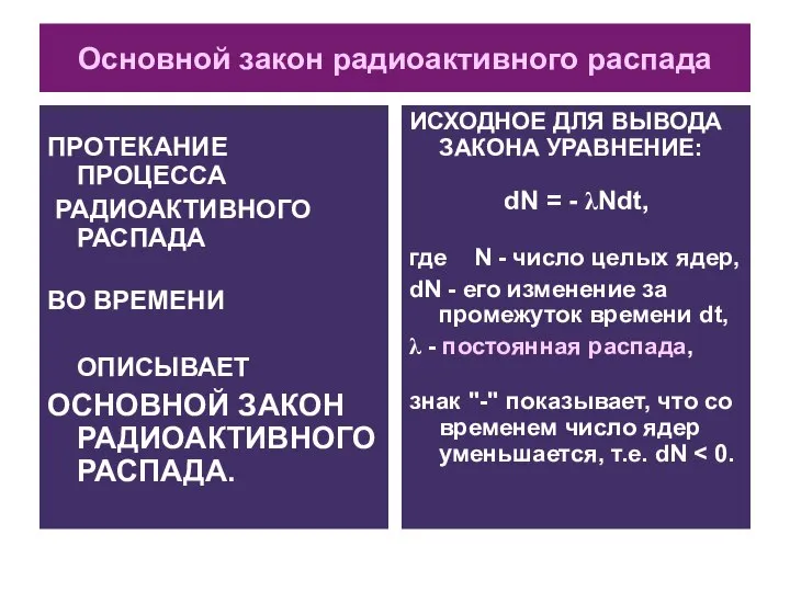 Основной закон радиоактивного распада ПРОТЕКАНИЕ ПРОЦЕССА РАДИОАКТИВНОГО РАСПАДА ВО ВРЕМЕНИ ОПИСЫВАЕТ