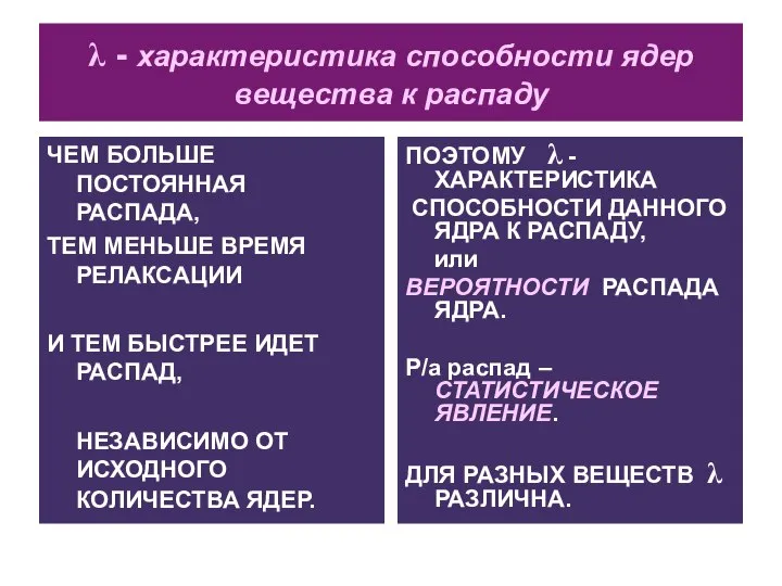 λ - характеристика способности ядер вещества к распаду ЧЕМ БОЛЬШЕ ПОСТОЯННАЯ