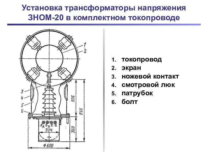 Установка трансформаторы напряжения ЗНОМ-20 в комплектном токопроводе токопровод экран ножевой контакт смотровой люк патрубок болт