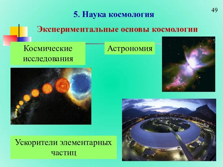 5. Наука космология Ускорители элементарных частиц Экспериментальные основы космологии Астрономия Космические исследования