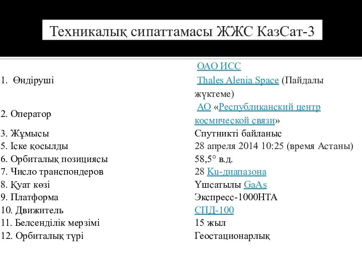 Техникалық сипаттамасы ЖЖС КазСат-3