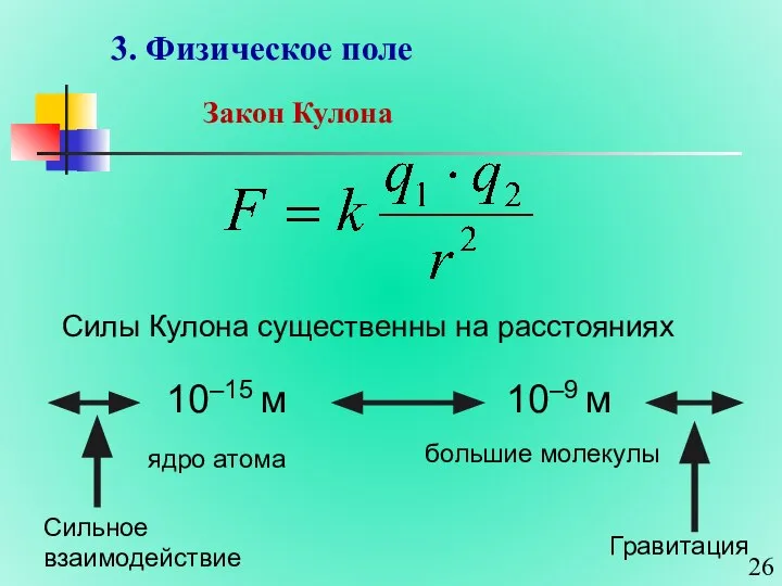 3. Физическое поле Закон Кулона Силы Кулона существенны на расстояниях 10–15