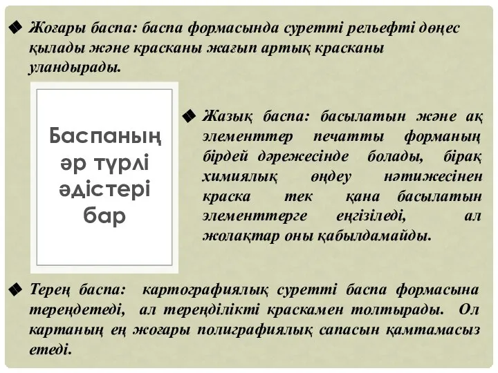 Баспаның əр түрлі əдістері бар Терең баспа: картографиялық суретті баспа формасына