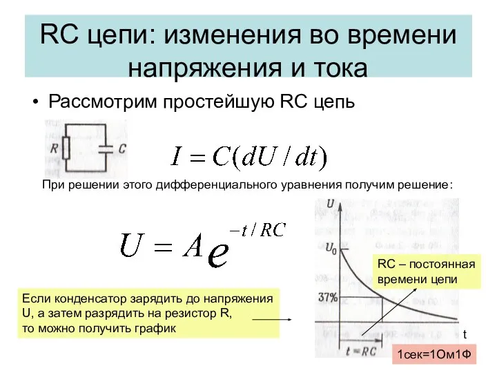 RC цепи: изменения во времени напряжения и тока Рассмотрим простейшую RC