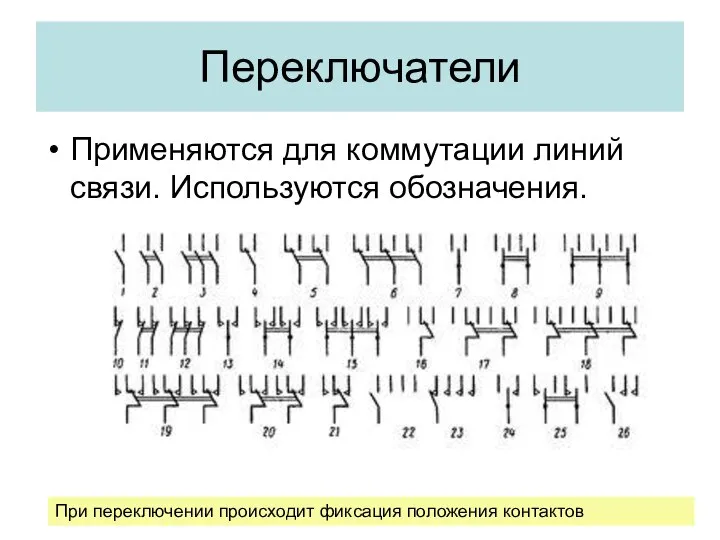 Переключатели Применяются для коммутации линий связи. Используются обозначения. При переключении происходит фиксация положения контактов