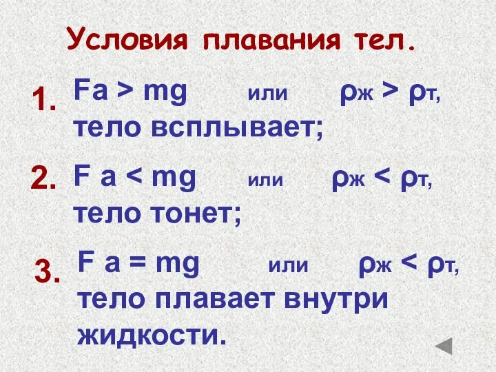 Условия плавания тел. F a 1. Fa > mg или ρж