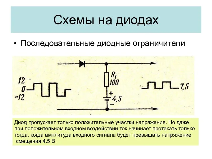 Последовательные диодные ограничители Схемы на диодах Диод пропускает только положительные участки