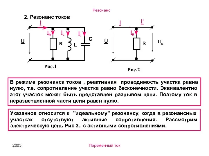 2003г. Переменный ток 2. Резонанс токов В режиме резонанса токов ,