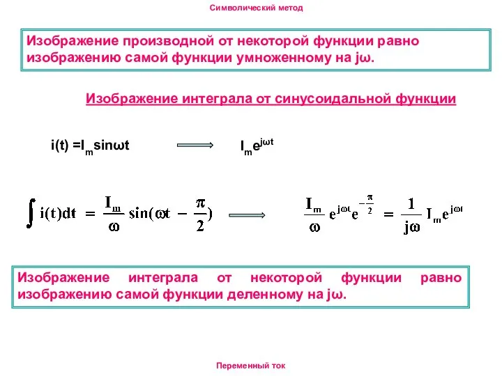 Изображение интеграла от синусоидальной функции Символический метод Переменный ток i(t) =Imsinωt