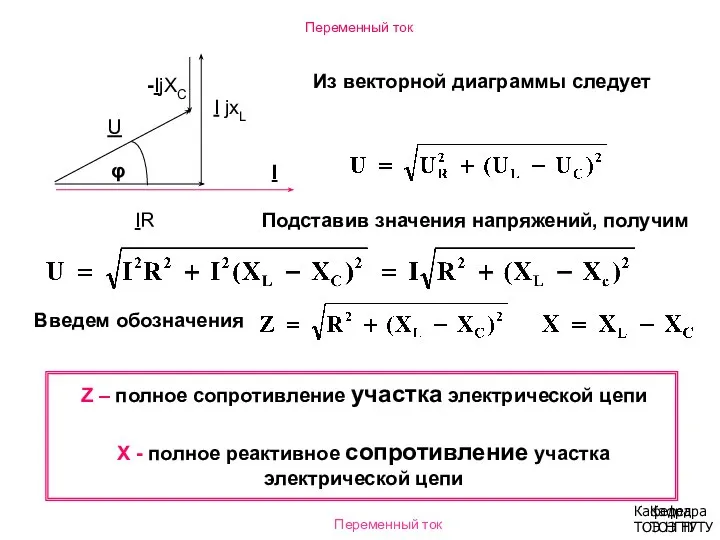 Переменный ток Кафедра ТОЭ НГТУ IR Из векторной диаграммы следует Подставив