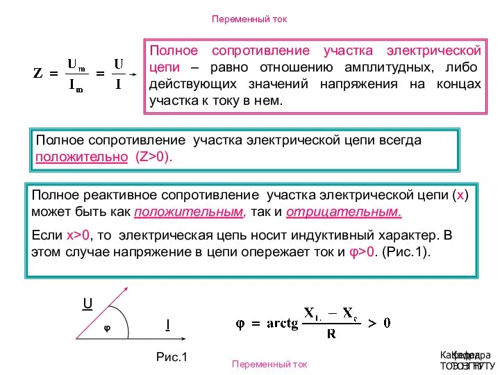 Кафедра ТОЭ НГТУ Переменный ток Полное сопротивление участка электрической цепи –