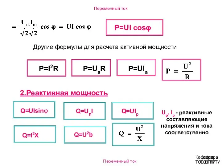 Переменный ток Кафедра ТОЭ НГТУ Р=UI cosφ Другие формулы для расчета