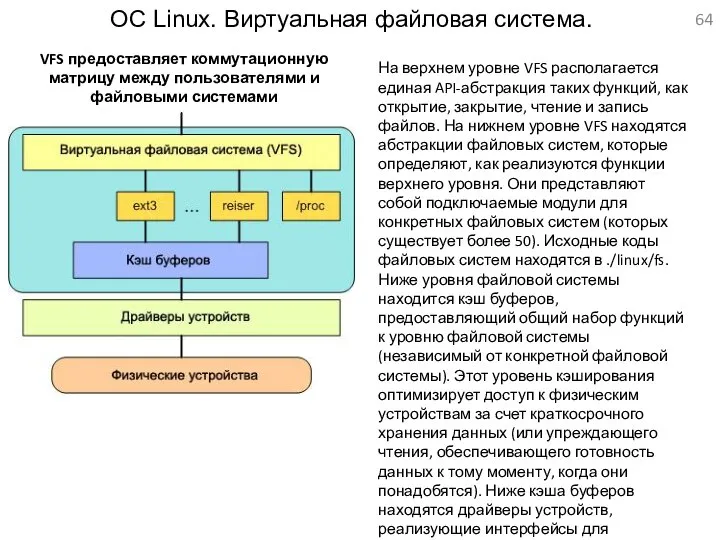 ОС Linux. Виртуальная файловая система. VFS предоставляет коммутационную матрицу между пользователями