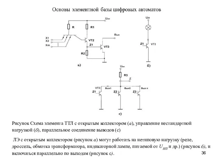 Рисунок Схема элемента ТТЛ с открытым коллектором (а), управление нестандартной нагрузкой