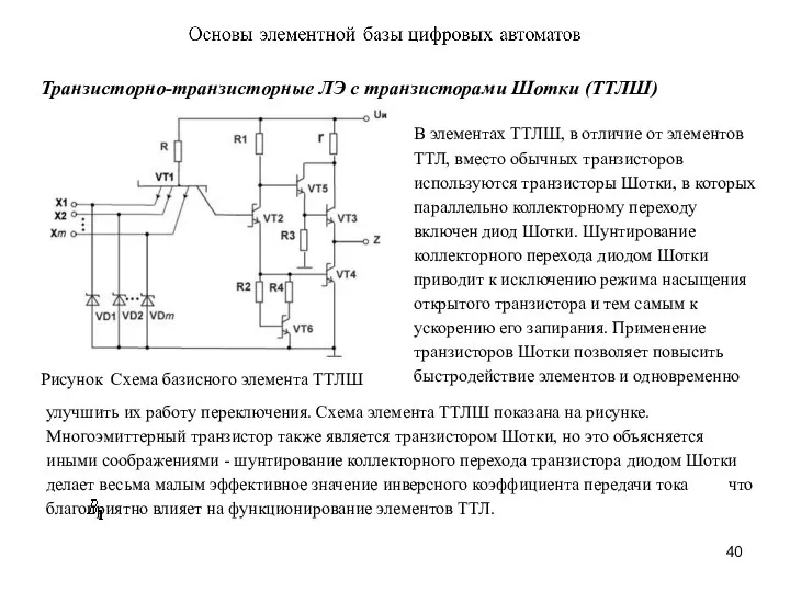 Транзисторно-транзисторные ЛЭ с транзисторами Шотки (ТТЛШ) Рисунок Схема базисного элемента ТТЛШ