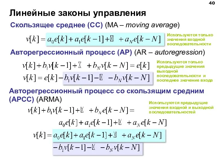 Линейные законы управления Скользящее среднее (СС) (MA – moving average) Авторегрессионный