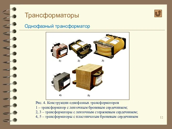 Трансформаторы Однофазный трансформатор Рис. 4. Конструкции однофазных трансформаторов 1 – трансформатор