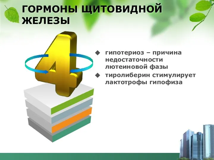 ГОРМОНЫ ЩИТОВИДНОЙ ЖЕЛЕЗЫ гипотериоз – причина недостаточности лютеиновой фазы тиролиберин стимулирует лактотрофы гипофиза