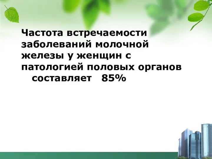 Частота встречаемости заболеваний молочной железы у женщин с патологией половых органов составляет 85%