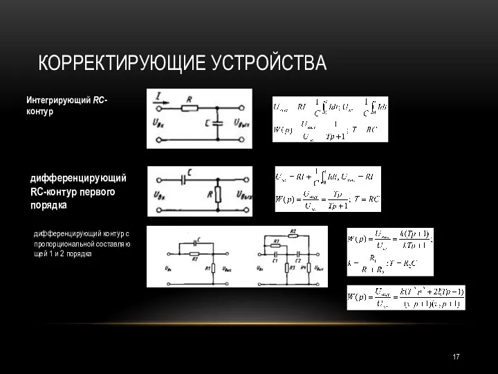 КОРРЕКТИРУЮЩИЕ УСТРОЙСТВА Интегрирующий RC-контур дифференцирующий RС-контур первого порядка дифференцирующий контур с