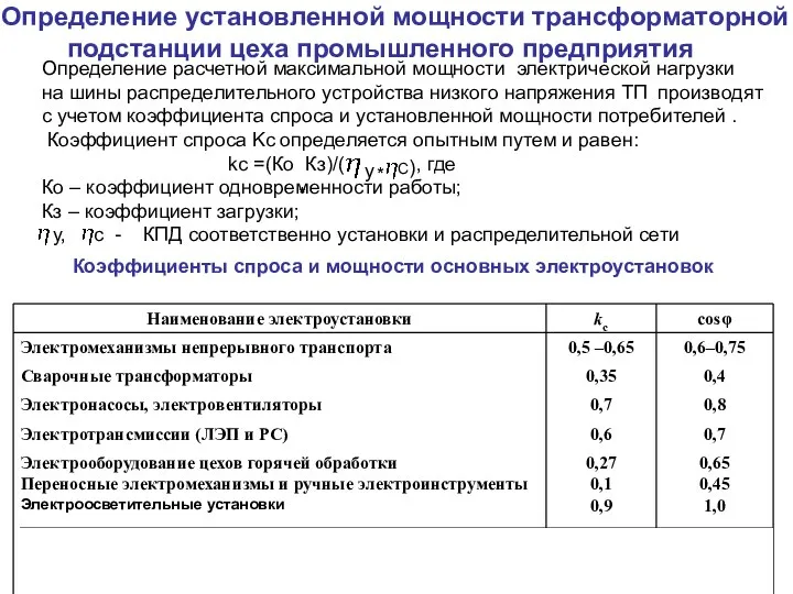 Определение установленной мощности трансформаторной подстанции цеха промышленного предприятия Определение расчетной максимальной