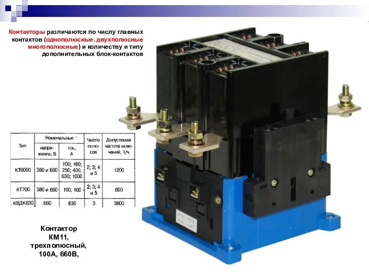 Контакторы различаются по числу главных контактов (однополюсные, двухполюсные многополюсные) и количеству