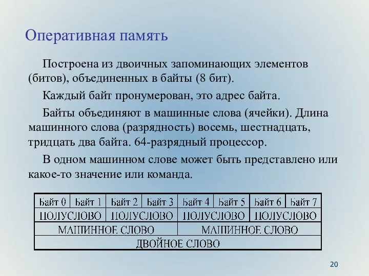 Оперативная память Построена из двоичных запоминающих элементов (битов), объединенных в байты