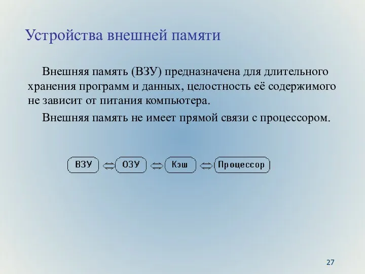 Устройства внешней памяти Внешняя память (ВЗУ) предназначена для длительного хранения программ