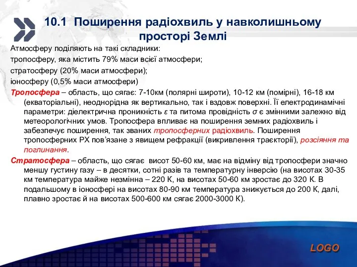 10.1 Поширення радіохвиль у навколишньому просторі Землі Атмосферу поділяють на такі