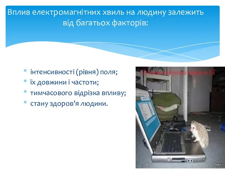 інтенсивності (рівня) поля; їх довжини і частоти; тимчасового відрізка впливу; стану