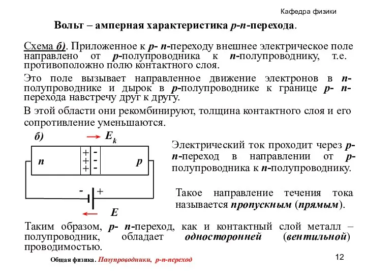 Вольт – амперная характеристика p-n-перехода. В этой области они рекомбинируют, толщина